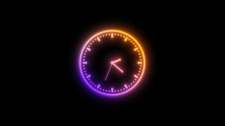 Neon clock with colorful lights icon on a black background.の写真素材