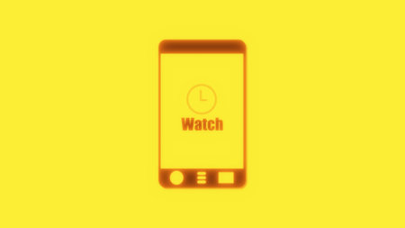 Neon glowing smartphone with watch icon on the screen, isolated on a black background.