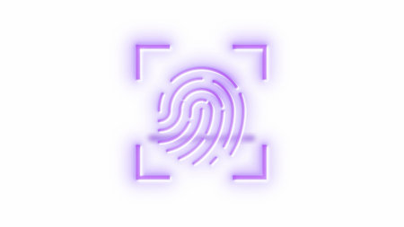 Colorful neon fingerprint surrounded by glowing brackets icon on a white background.の写真素材