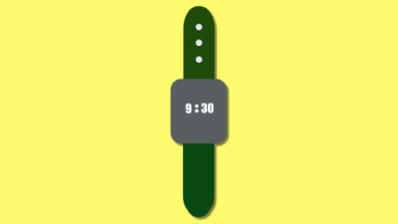 Minimalist smartwatch illustration with time display icon on a yellow background.の写真素材