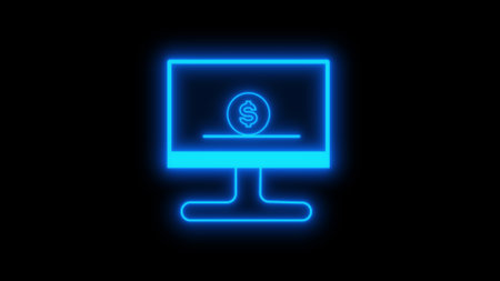 Neon icon of a computer monitor with a dollar sign on a dark background.の写真素材