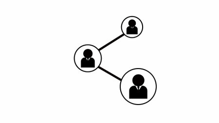 Simple network diagram with three user icons connected by lines representing social media or organizational structure on a white background.の写真素材