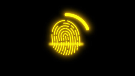 Neon fingerprint icon glowing on a dark background. Concept of digital identity and security.の写真素材