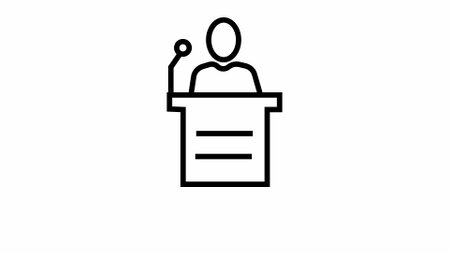 Icon of a person at a podium with a microphone, representing public speaking on white background.の写真素材