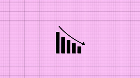 Declining bar graph on a purple grid background.