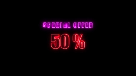 Neon sign with text special Offer 50% glowing in pink and red on a dark background.の写真素材