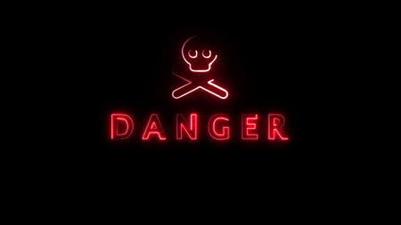 Neon sign word danger red on a black background.の写真素材
