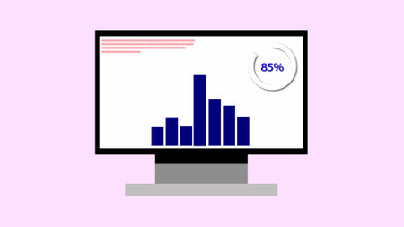 Computer monitor displaying a progress bar with a graph icon on a pink background.