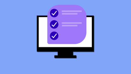Computer monitor displaying a checklist with a tick mark on a pastel blue background.の写真素材