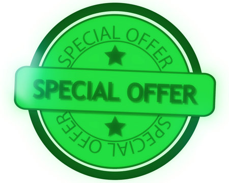 Green special offer badge with stars on white background.の写真素材