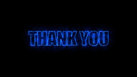 Neon blue THANK YOU text on a black background.