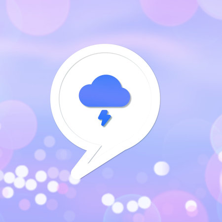 Minimalist design of a cloud with a lightning bolt inside a speech bubble on a purple background.
