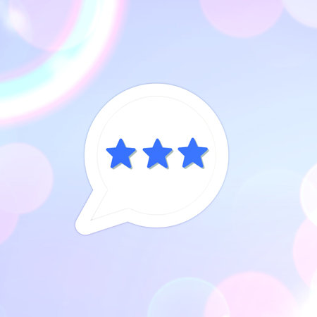 Three blue stars inside a speech bubble on a purple background.