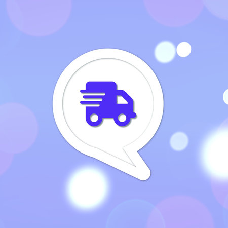 Minimalistic delivery truck icon inside a speech bubble on a purple background.の写真素材