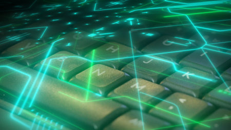 Abstract digital keyboard with glowing green lines and circuit patterns.の写真素材