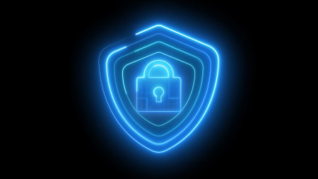 Digital cybersecurity concept with glowing blue shield and padlock animated on a dark background.の写真素材