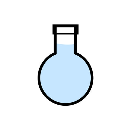 Minimalist round-bottom flask illustration with a blue liquid animated on white background.の写真素材
