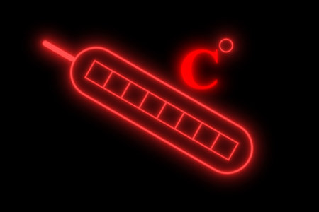 Red color digital thermometer icon with a Celsius degree sign on black background.