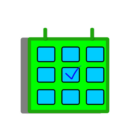 Green flat design calendar icon with a check mark on a black background.の写真素材