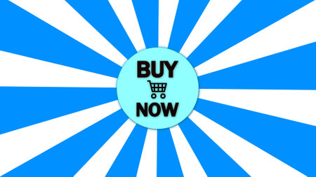 Blue radial burst background with a central Buy Now button featuring a shopping cart icon symbolizing online shopping and sales.の写真素材