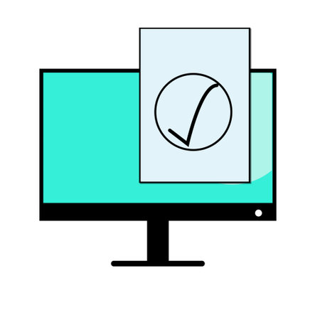 Computer monitor tick mark icon on a white background.の写真素材