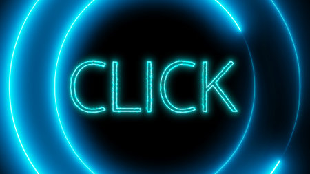 Neon sign with word CLICK circular glow on a dark background.の写真素材