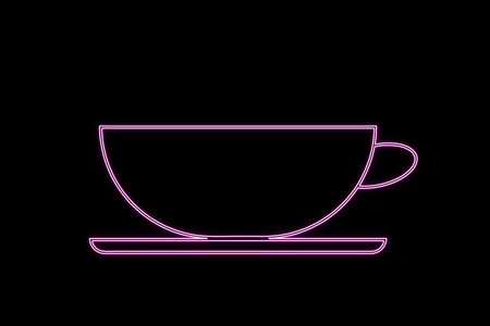 Neon glowing coffee cup icon on a dark background.の写真素材