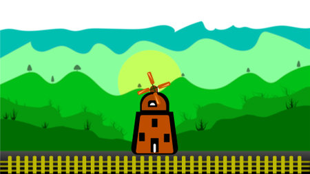 Brown windmill on a sunny day green hills in the background.の写真素材