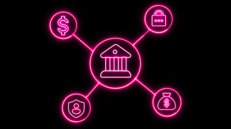 Neon icons representing banking and financial services with glowing pink and purple hues on a dark background.の写真素材
