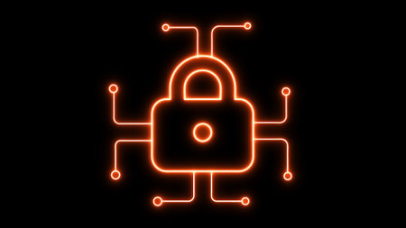 Neon glowing lock icon on a black background.の写真素材
