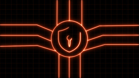 Abstract digital lock concept with neon red lines and keyhole on a dark background.の写真素材