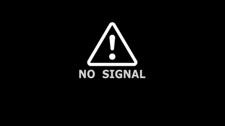 Black screen with a warning triangle and No Signal text on a black background.の写真素材