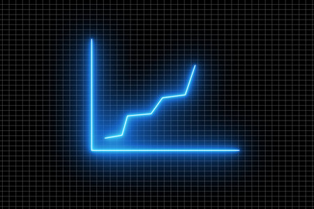 Neon blue glowing line graph on dark grid background.の写真素材