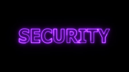 Neon sign with the word SECURITY in purple on a black background.の写真素材