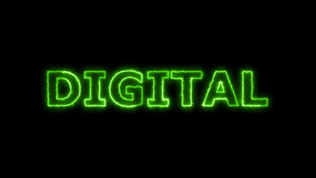 Neon green DIGITAL sign glowing on black background.の写真素材