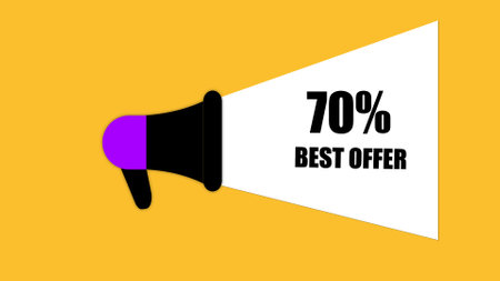 Megaphone on a yellow background with text 70% BEST OFFER for sales and promotions.の写真素材
