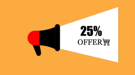 Megaphone with a 25% offer banner on a yellow background.の写真素材