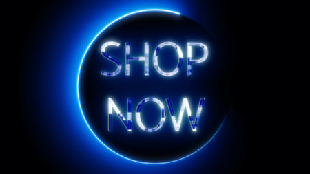 Neon sign with the words SHOP NOW glowing in blue animated on a dark background.の写真素材