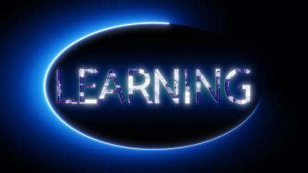 Neon sign with the word LEARNING glowing in blue light on a dark background.の写真素材