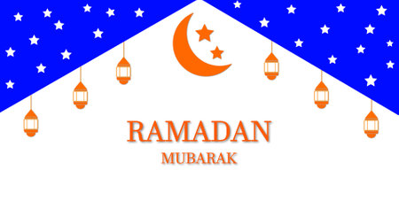 Ramadan Mubarak greeting with moon stars on a blue background.の写真素材