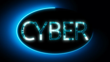 Futuristic neon sign with the word CYBER glowing in blue on a dark background.の写真素材