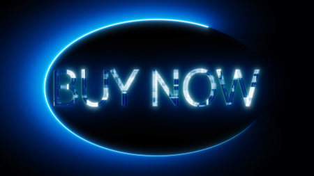 Vibrant neon sign with the words BUY NOW glowing in blue set against a dark background.の写真素材