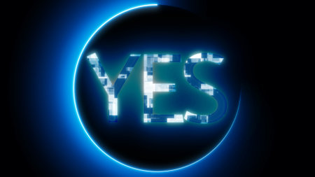 Digital neon sign with the word YES glowing in blue light on a dark background.