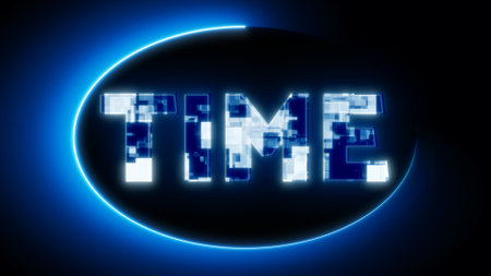 Digital clock concept with glowing neon lights spelling TIME on a dark background.の写真素材