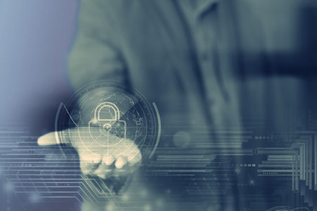Businessman with open palm facing up, digital security interface hologram, concept of cybersecurity...