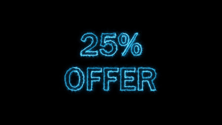 Neon sign with text 25% OFFER glowing in blue animated on a black background.