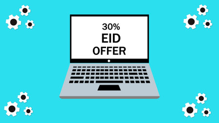 Laptop with 30% EID offer on screen cyan color background.