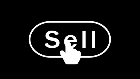 Black background with white Sell text click button icon.