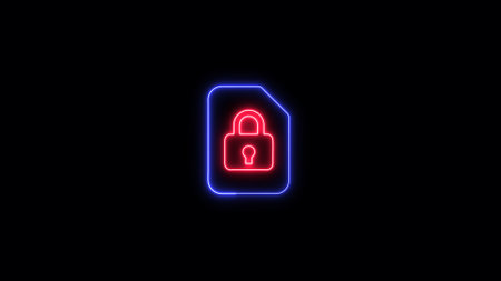 Neon sign of a padlock symbol in red and blue colors on a black background.の写真素材