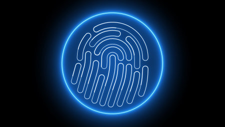 A glowing blue fingerprint illustration on a dark background.の写真素材